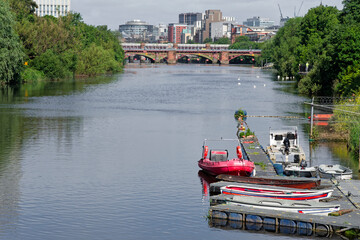 Jetty and boats on the River Clyde in Glasgow
