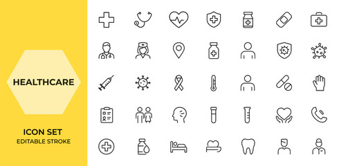 Linear healthcare icon collection set for web. Medicine, health care, diagnosis, prevention, emergency, medical report, doctor, treatment. Editable stroke style, modern design, UI, vector and more.