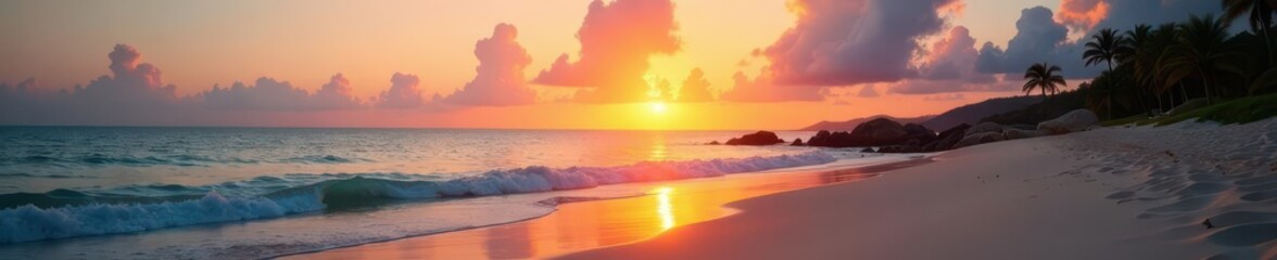 Sunrise over pristine sandy beach, calm waters , ocean, scenic