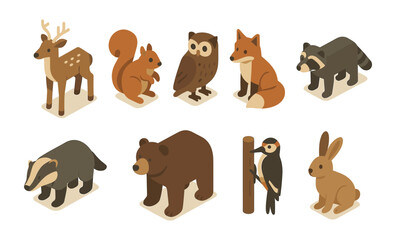 Fototapeta premium Isometric woodland animals collection featuring deer, owl, fox, and more in warm tones