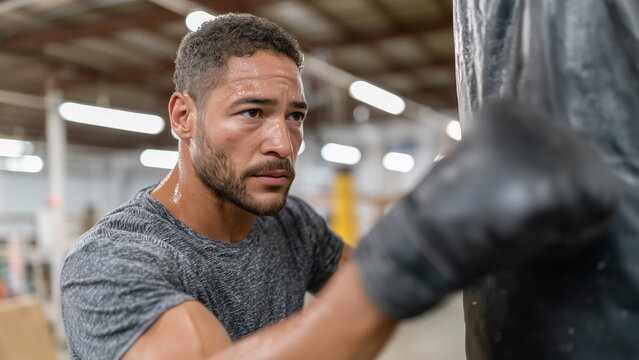 A focused boxer in gloves and training clothes punches a heavy bag in gym. Sweat flies as the bag swings under industrial overhead lights, capturing an intense, raw, and powerful training moment.