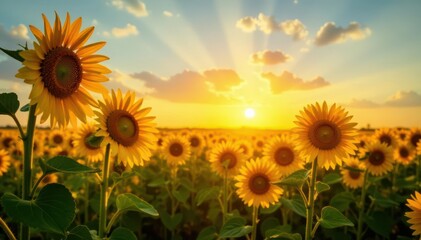 Tall sunflowers facing the sun, vast field of blooms , photo, sunny