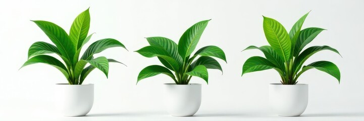 Three lush potted palms, vibrant green leaves, white background, white background, indoor plant, palm