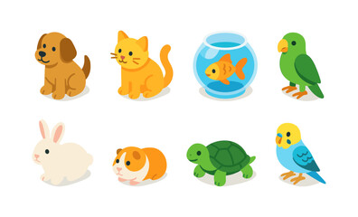 Fototapeta premium Adorable isometric pets collection: cats, dogs, birds, and more