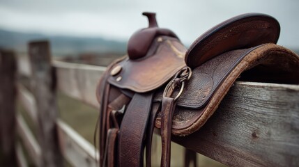 Close-up of a horse saddle on top of a wooden fence of the paddock, no logos, no brands