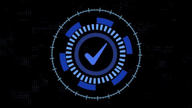 Futuristic Blue Digital H U D Interface with Checkmark Symbol and Data Points on Black Background