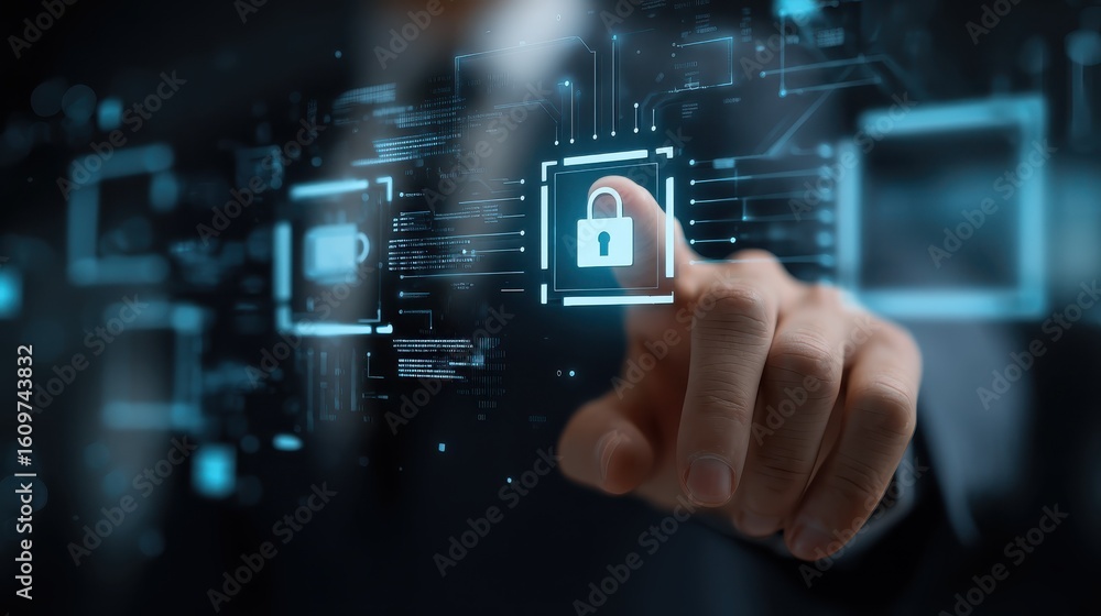 Poster business person analyzing a cybersecurity dashboard with a prominent lock icon - data security - it 