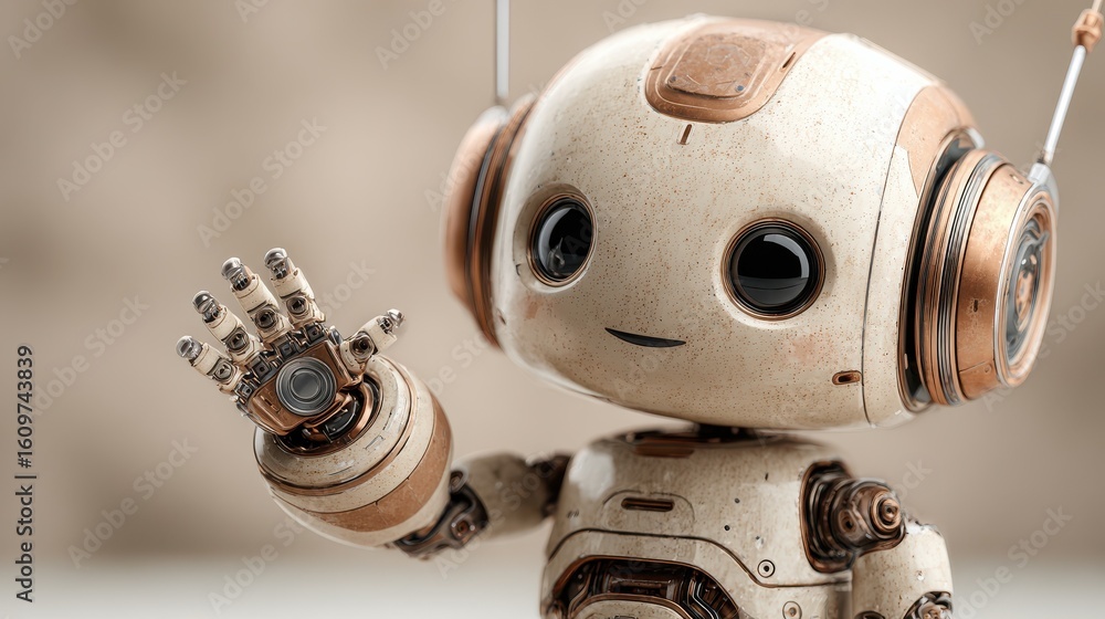 Poster adorable robot with a waving smile. perfect for artificial intelligence concepts, robot games, and t