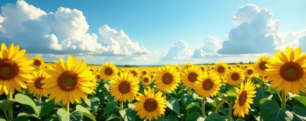 Vast sunflower expanse, fluffy clouds drift above , floral, golden, open