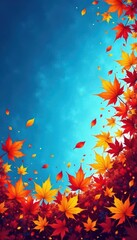 Vibrant blue sky canvas with swirling descent of colorful autumn leaves , crisp, yellow