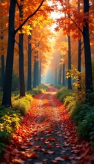 Vibrant fall foliage on a blurred forest path , blurred, woods