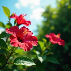 Vibrant hibiscus blooms, lush green foliage, sunny sky, yellow, bright colors