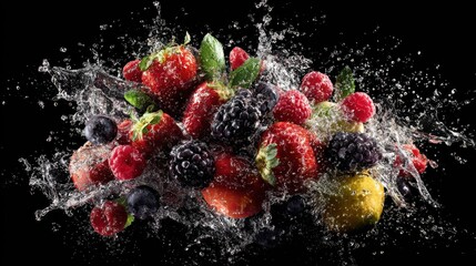 fruit explosion with water splash on a black background,