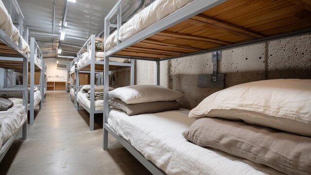 Sturdy metal bunk beds neatly aligned in a row inside a military barracks, with plain bedding, concrete walls, and dim lighting. The space feels organized, strict, and utilitarian in style.