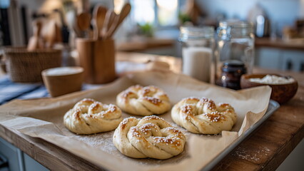 Unbaked soft pretzels lined on a parchment-covered tray, sprinkled with coarse salt, ready for the oven. Warm bakery lighting highlights rustic kitchen tools in the softly focused background.