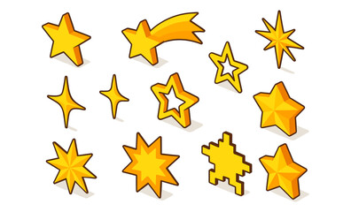 Obraz premium Set of yellow stars in isometric design with various shapes and styles