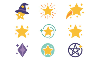 Playful star icons set with wizard hat, shooting star, and pentagram