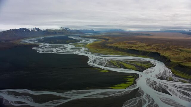 Braided river flowing through volcanic landscape in iceland