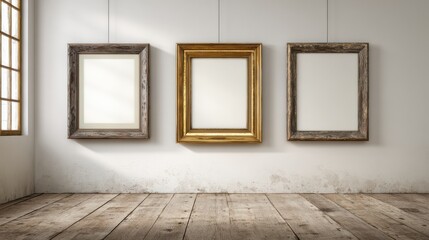 Empty vintage photo frames hanging on a wall; ready for your photos, graphic, copy space