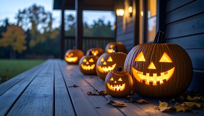 Jack-O-Lanterns on Wooden Porch - Special Edition Autumn Evening Scene