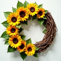 Vibrant sunflowers woven into a rustic wreath , blossom, craft, wreath