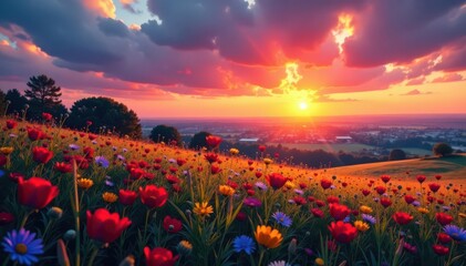 Vibrant sunset hues paint wildflowers, rural landscape , flora, photography, colors