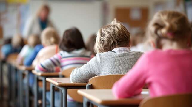 Sideview ofï¿½school childrenï¿½sitting inï¿½aï¿½rowï¿½on desksï¿½underï¿½selective focusï¿½as they takeï¿½a testï¿½inï¿½theï¿½classroomï¿½while the supervisor isï¿½walkingï¿½inï¿½theï¿½backgroundï¿½