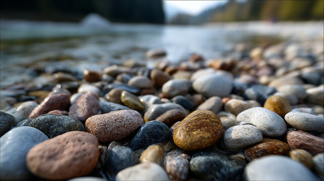 Natural Arrangement of Smooth River Stones on a Clear Riverbed in a Serene Outdoor Setting