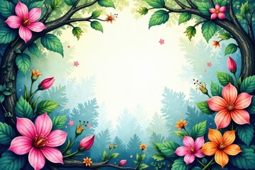Watercolor fractal vines, vibrant flowers, mystical garden , whimsical, fantasy, background