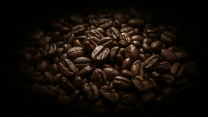 Ultrarealistic Macro Closeup of Dark Roasted Coffee Beans with Dramatic Chiaroscuro Lighting on Black Background - Rich Aroma and Gourmet Texture