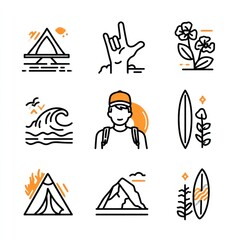 Grid of stylized black outlines with orange accents; nature, vacation, and travel icons