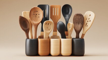 Stylish kitchen utensil holder with wooden cooking tools, modern design for home cooking and culinary use