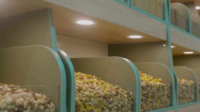 Long aisle of a modern retail store with multiple rows of slanted transparent bins filled with bulk items such as nuts, candies, and dried goods. The display emphasizes organization, cleanliness