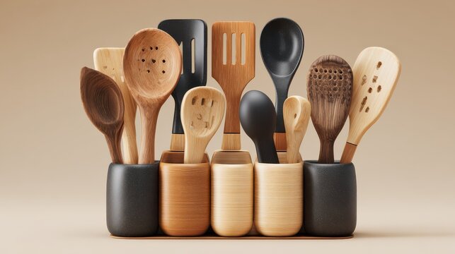 Stylish kitchen utensil holder with wooden cooking tools, modern design for home cooking and culinary use