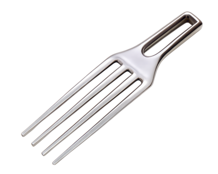 A shiny metal fork with four tines, isolated on a transparent background