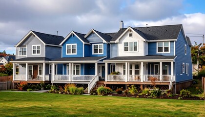 Colorful townhouses with porches