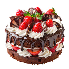 Chocolate cake layered with whipped cream and fresh strawberries