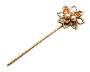 A gold hairpin with a decorative flower motif featuring pearls and crystals isolated on transparent background