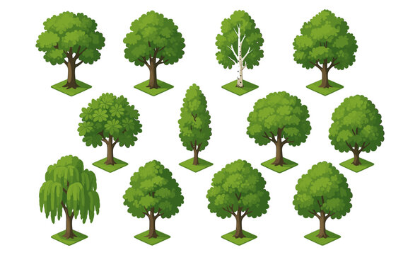 Collection of isometric trees with various green foliage styles