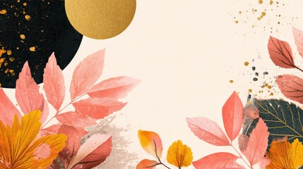 Autumn background design. with watercolor brush texture, Flower and botanical leaves watercolor hand drawing. Abstract art wallpaper design for wall arts, wedding and VIP invite card. Vector EPS10, n