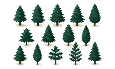 Obraz premium Collection of various stylized evergreen trees in a minimalist design on a light background
