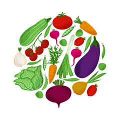 Round vegetables composition with tomato, eggplant, green pea, carrot, leek, radish, beet. Design of kitchen print, bag print, menu, or food, farming, or eco-friendly designs. Vector illustration