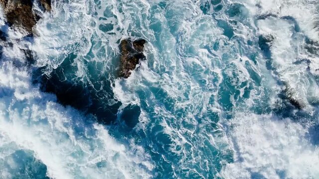 Sea surf hitting coastal rock formation, top-down drone footage with vibrant colors and textures