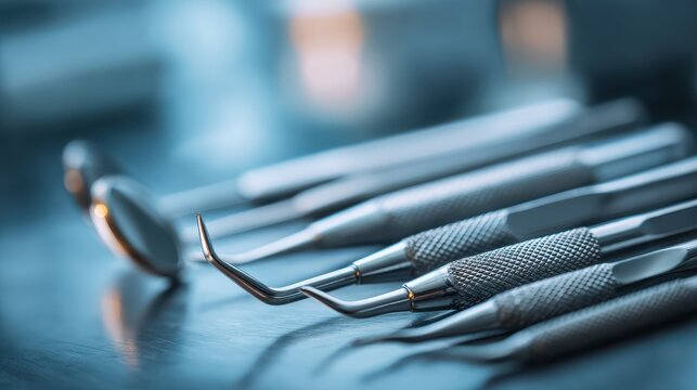Macro shot dental doctor tools in surgery room hospital or clinic blur and blue tone.
