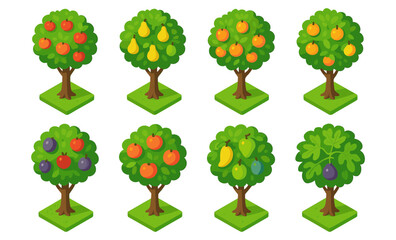 Isometric fruit trees collection: apple, pear, orange, plum, fig