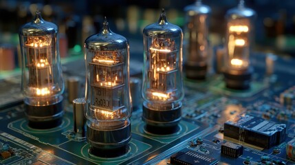 Close-up of glowing vacuum tubes on circuit board.