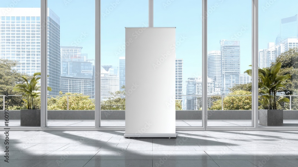 Poster white roll-up banner template standing in lobby next to windows. blank advertisement mockup in busin
