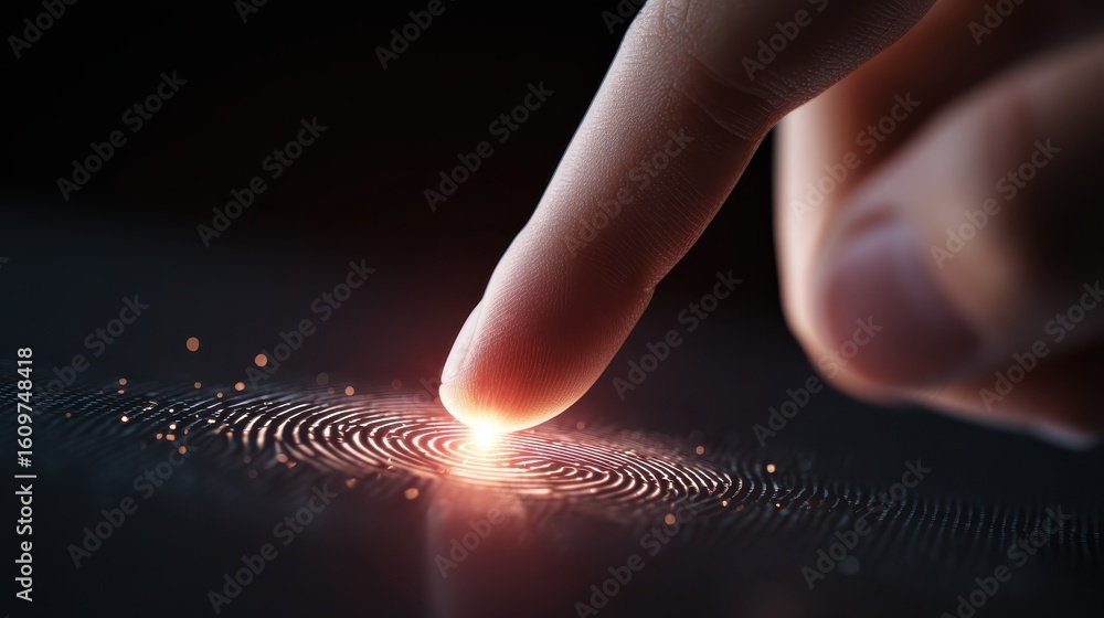 Poster close up of finger unlocking a device with biometric fingerprint scan for digital security and data 