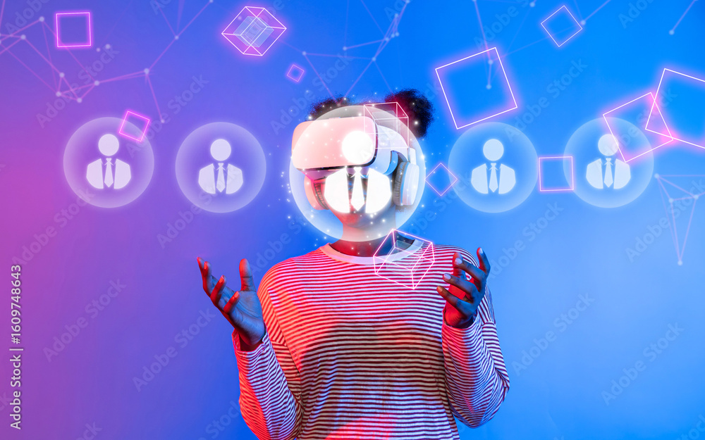 Poster a person wearing a virtual reality headset explores digital networking in a vibrant, futuristic envi