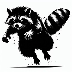 Aggressive raccoon mid leap with fierce expression and bushy tail